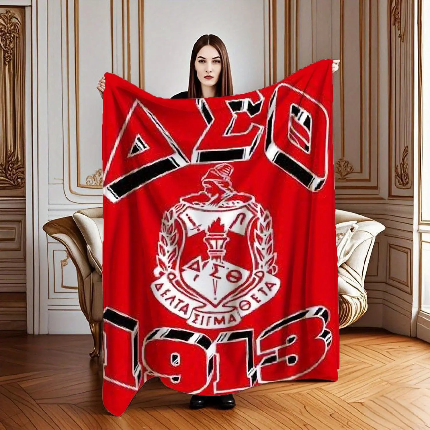 Delta Sigma Theta 1913 Sorority Blanket | Red and white flannel with Greek letters ΔΣΘ and emblem | Soft seasonal shawl for sofa, bed and office | Ideal gift for sisterly pride