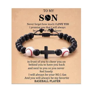 Adjustable Cross Beaded Bracelet with Baseball Basketball Soccer Rugby Charms, To My Son Inspirational Gift for Teen Boys, Birthday Graduation Christmas Gift