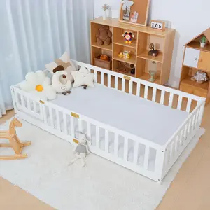 #Summervibes ABORON Twin Floor Bed for Kids-Twin Montessori Bed Frame with Wood Slats and Door and Slats, Wood Toddler Floor Bed for Girls and Boys, White