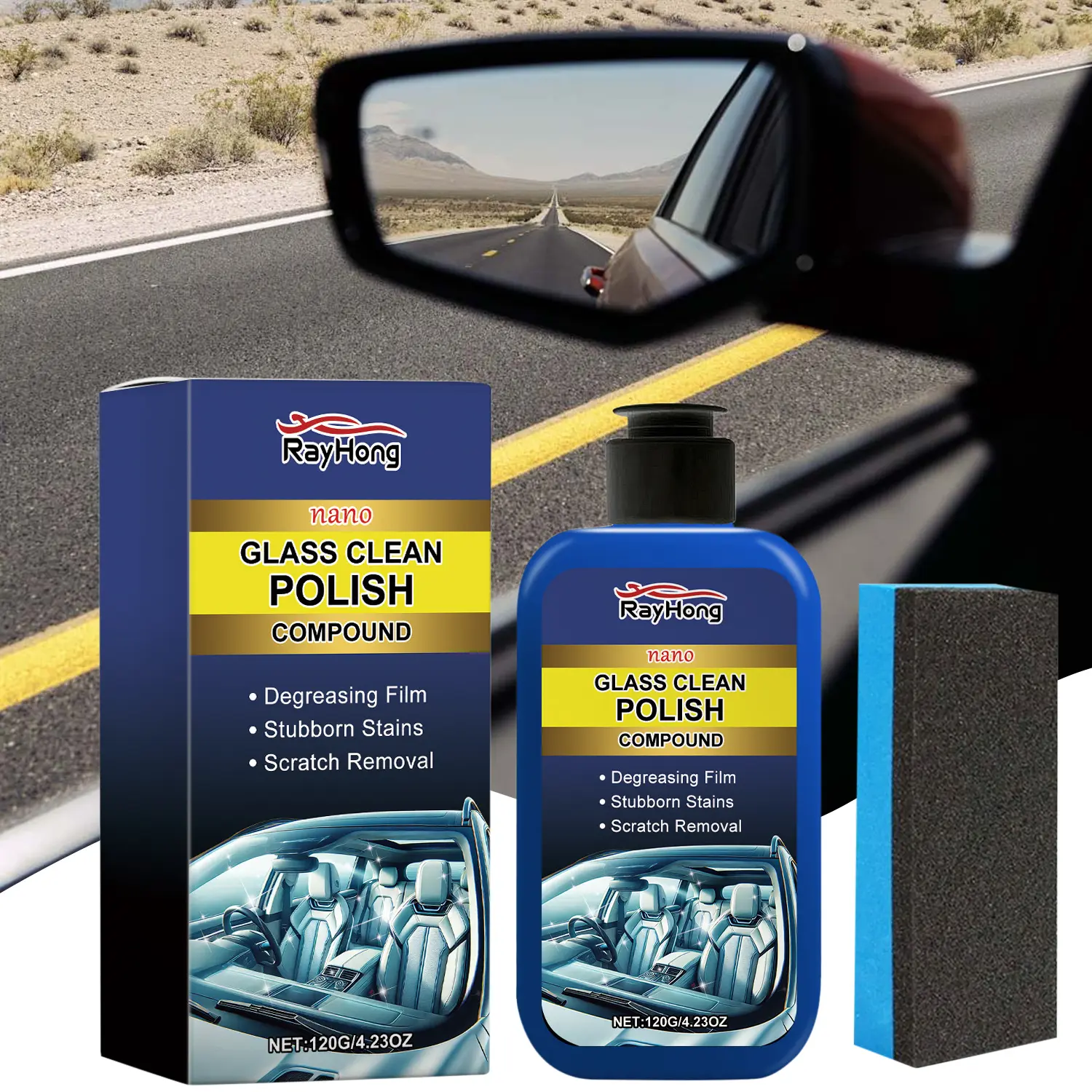 120g Car Glass Oil Film Remover Paste, Nano Glass Clean Polish Compound with Sponge, for Windshield, Windows, Mirrors & Sunroofs