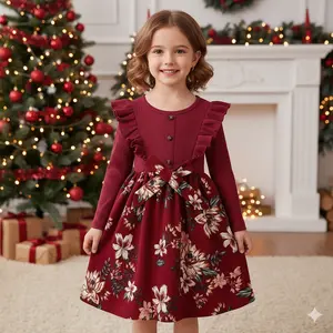 Cute Toddler Girl Christmas Party Dress | Burgundy Floral Print Ruffle Sleeve A-Line Holiday Dress for Ages 4-7 | Festive Kids Winter Outfits | Elegant Little Girl's Xmas Clothes | Perfect for Family Photos
