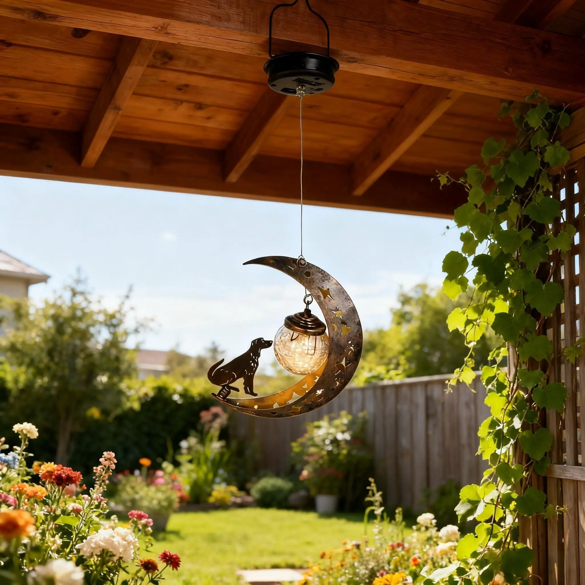 1Pcs Solar Hanging Light, Gutter Decoration Lamp, Hollow Iron Dog Moon Design, Includes Broken Glass Ball, Outdoor Garden Yard Pathway Decor, Solar Garden Lights, Solar Landscape Lights, Outdoor Garden Lighting, Patio Lighting, Solar Decorative Lights