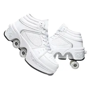 UonrvaoN Roller Skate Shoes,Inlineskates,4Wheel Retractable Roller Skates,2-in-1 Roller ShoesOutdoor Sneakers With Wheels White silver