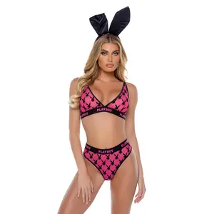 PBLI161 - Playboy Flocked Bunny Bralette 2pc Set