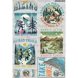 Hiking Mini DTF Transfer Gang Sheet 24.5" Wide x 36" Long Direct To Film Trendy Vibrant Designs for Stylish Wardrobe