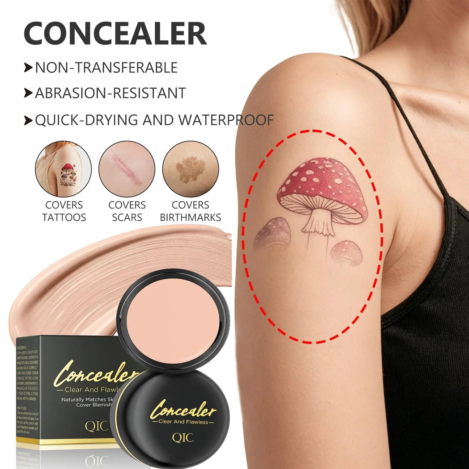Waterproof Full Coverage Concealer for Tattoos, Scars - Natural Finish Foundation for All Skin Tones & Types