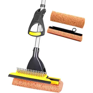 Sponge Mop for Home and Commercial Use, for Tile Floor Bathroom Garage Cleaning, with 2 Sponge Heads, Telescopic Handle Squeegee 42.5 to 52 Inches, Easily Dry Wringing Floor Cleaning Tool