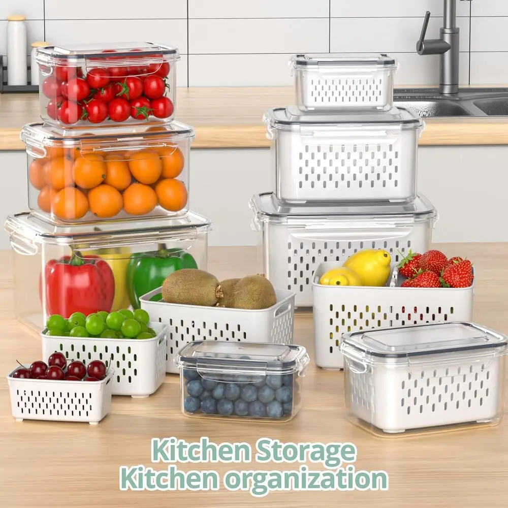 Household Produce Storage Organizer, 2/4/6 Pack Double Drain Fridge Crisper Container, Kitchen Accessory Storage Holder, Sturdy Fresh Fruit Veggie Storage Bin For Mango Radish Scallion