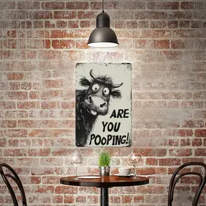 1 pc Vintage Highland Cow Bathroom Decor Sign – Black & White Funny “Are You Pooping?” Aluminum Wall Plaque, 8 x 12 Inch