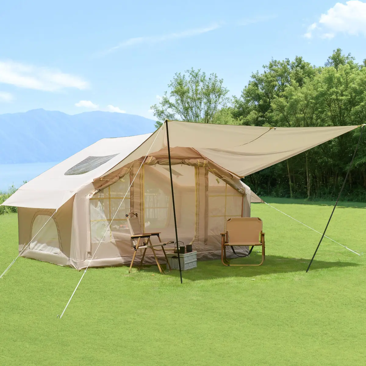 [Bellemave] 6.3m ² Inflatable Camping Tent with canopy , 4 Season Waterproof Windproof, Clear Skylight & 420D Oxford Waterproof, Air Tent with Mesh Windows/Doors