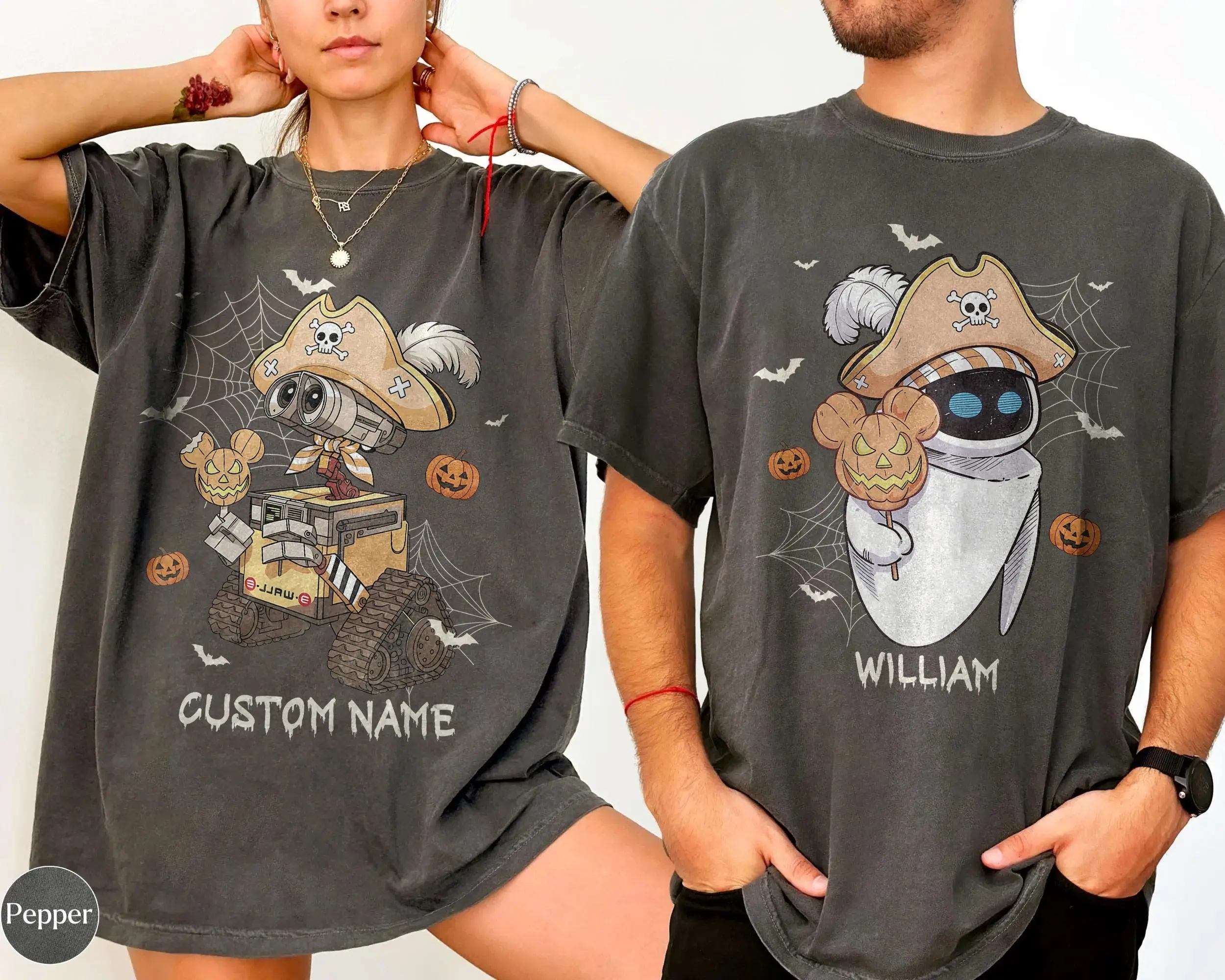 Personalized Couple Halloween Shirt, Custom Name Matching Tee, Retro Robot Graphic T-Shirt, Spooky Season Outfit