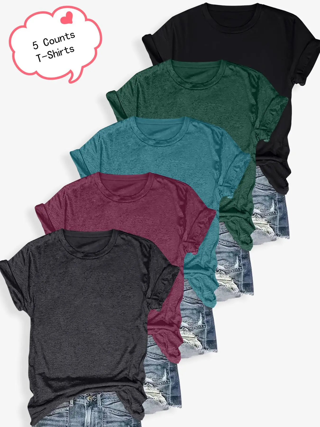 Women's Solid Color Round Neck Tee, Casual Fitted Short Sleeve Basic T-Shirt Top for Summer Daily Wear, 5 Pieces Per Pack, Ladies' Clothes