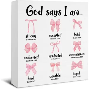 Girls Room Decor - Inspirational Signs Christian Decorations - Bow Gifts for Girl - God Says I Am Bow Bible Verse Wooden Sign Home Girls Room Nursery Decor - Signage - 5 x 5 Inches