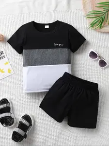 Two-Piece Set Toddler Boy's Colorblock Letter Print Short Sleeve Tee & Elastic Waist Shorts, Casual Round Neck T-shirt & Track Shorts for Summer, Kids Clothes for Daily Wear, Toddler Outfit