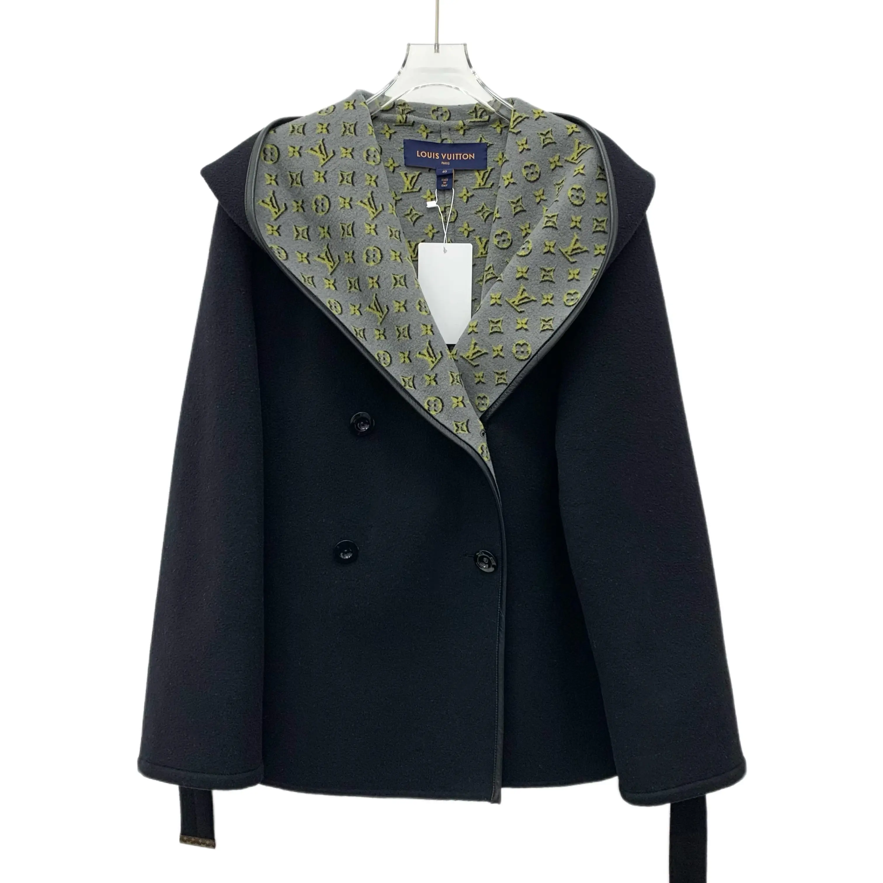 RDLT— Louis Vuitton Black Monogram Hooded Belted Coat Size 40