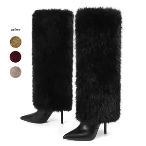 Women's Winter Over Knee High Fur Fluffy Boots with Soft long Plush Faux Fur Lining Pointed Toe Stiletto Heel Comfort Fashionable Cold Weather Winter Furry Boots Party Dress Outdoor Winter Fall shaggy