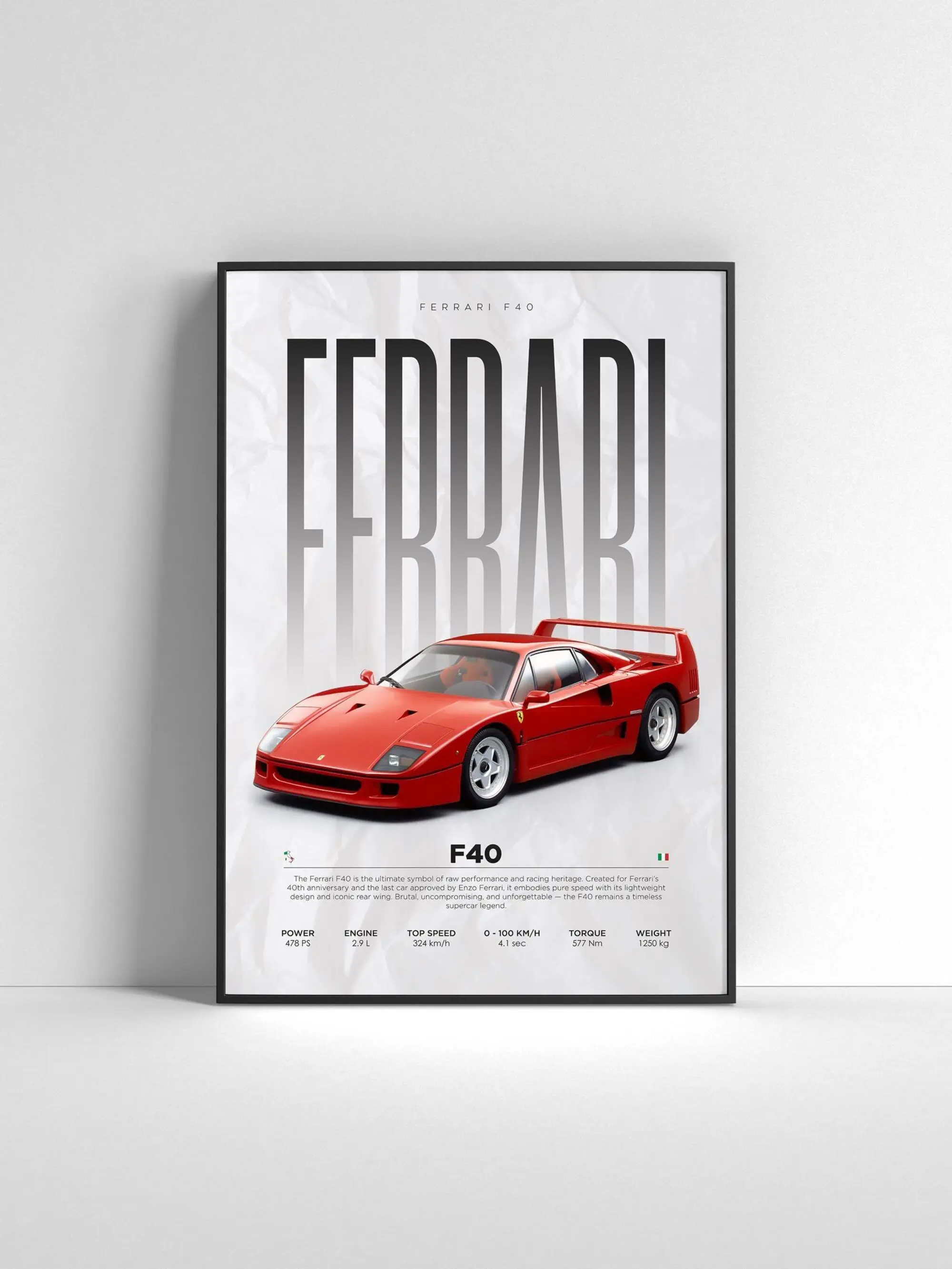 Ferrari F40 Poster Classic Supercar Wall Art Iconic Ferrari Print Sports Car Home Decor Automotive Gift Idea Ferrari Artwork
