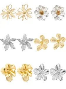 6 Pairs Flower Earrings Vintage Charm 3D chunky Earing Flower Earrings for Women Large Statement Earrings Flower Stud Earrings for Women – Chunky Gold Earrings, Cute Small Floral Design, Earring Set