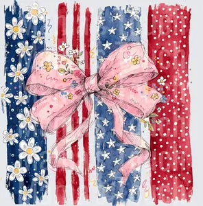 Watercolor American Flag with Pink Floral Bow and Daisies