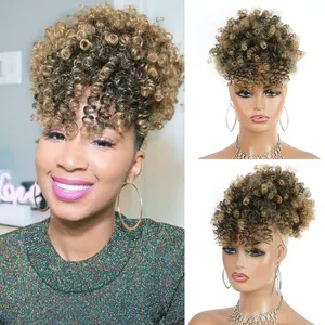Afro Puff Drawstring Ponytail with Curly Hair Clip in Bangs Short  Hair Curly Ponytail Extension for Women (T27)