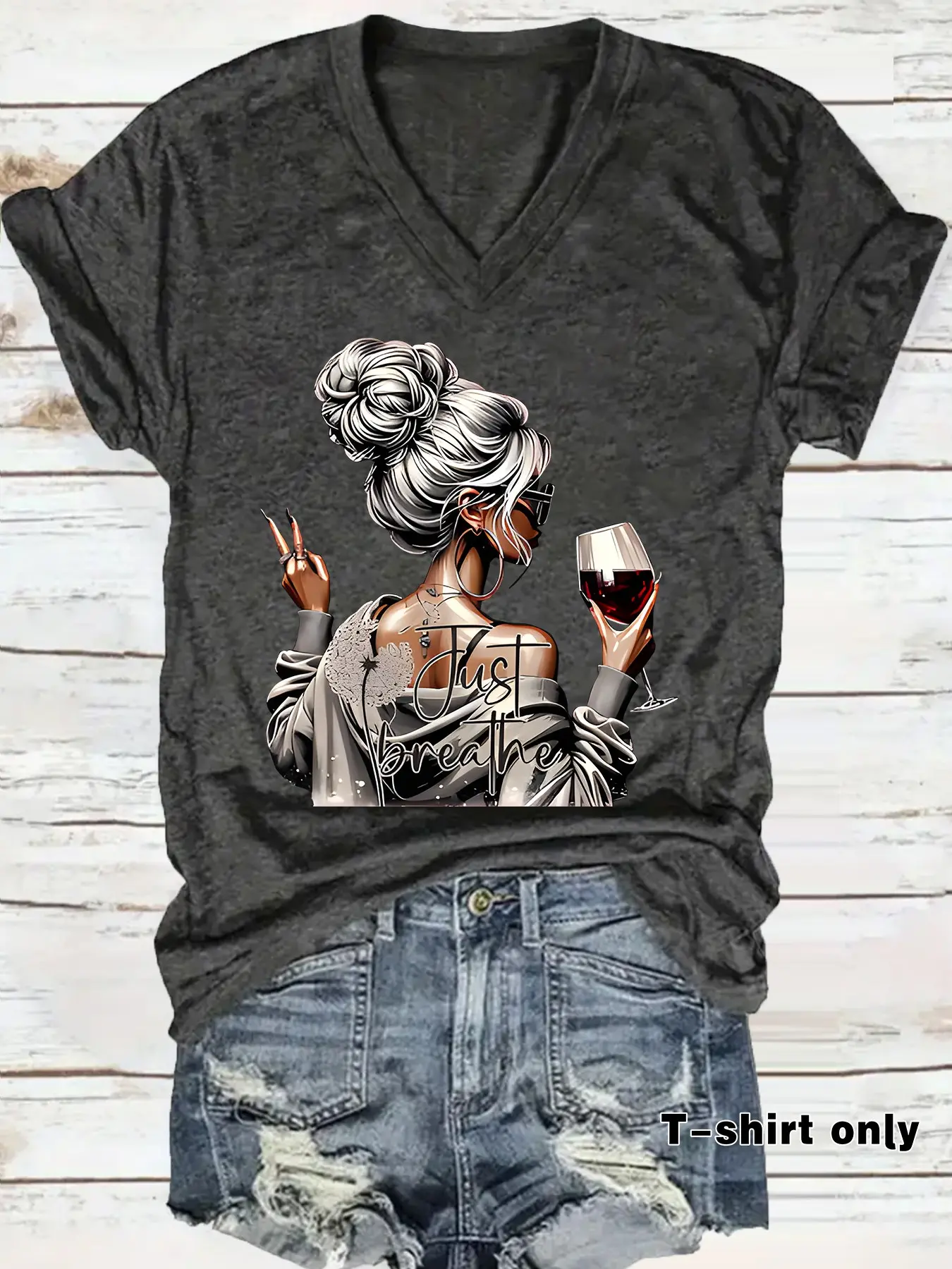 Women's Casual Short Sleeve T-Shirt, Wine Print, Soft Breathable Fabric, V-Neck, Regular Fit, All Seasons Comfort, Womenswear