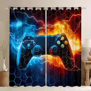 Feelyou Blackout Curtains, Gamer Honeycomb Darkening Drapes with Blue Red Lightning Gamepad Design, Game Room Window Treatments for Beautify Your Room, Decoration Needs,summervibes