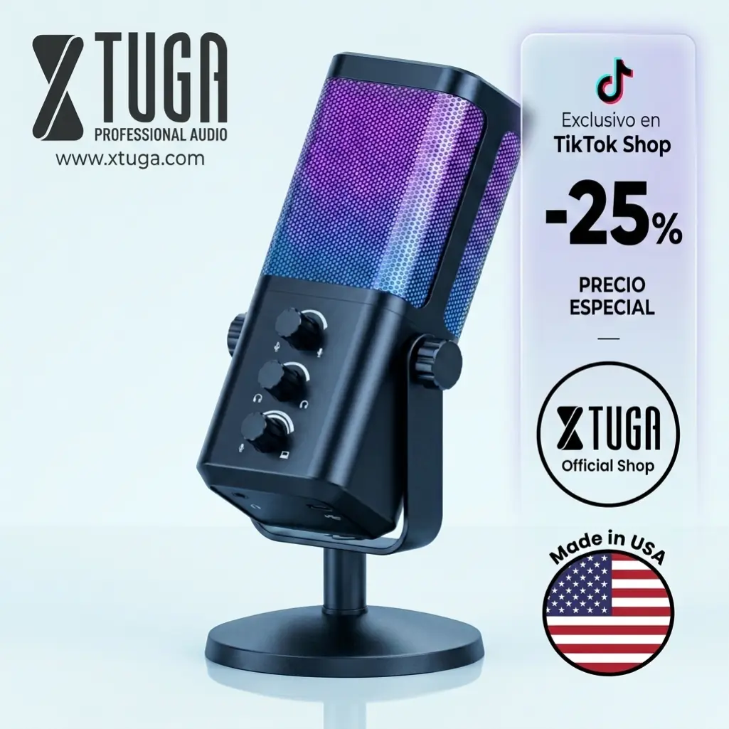 XTUGA M7 Wired USB Microphone with Adapter - RGB for Gamers & Podcasters, 1-Tap Mute, Headphone Jack, Gain & Volume Control, Noise Cancellation, Compatible with Audio Interfaces & Mixers, Cable, Streaming Setup