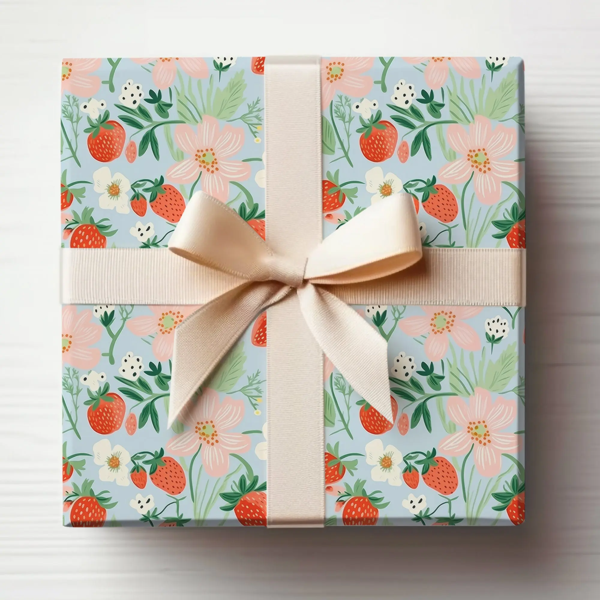 Cute Strawberry Wrapping Paper Roll Strawberries Gift Wrap Strawberry Birthday Wrapping Paper Roll With Strawberries and Flowers