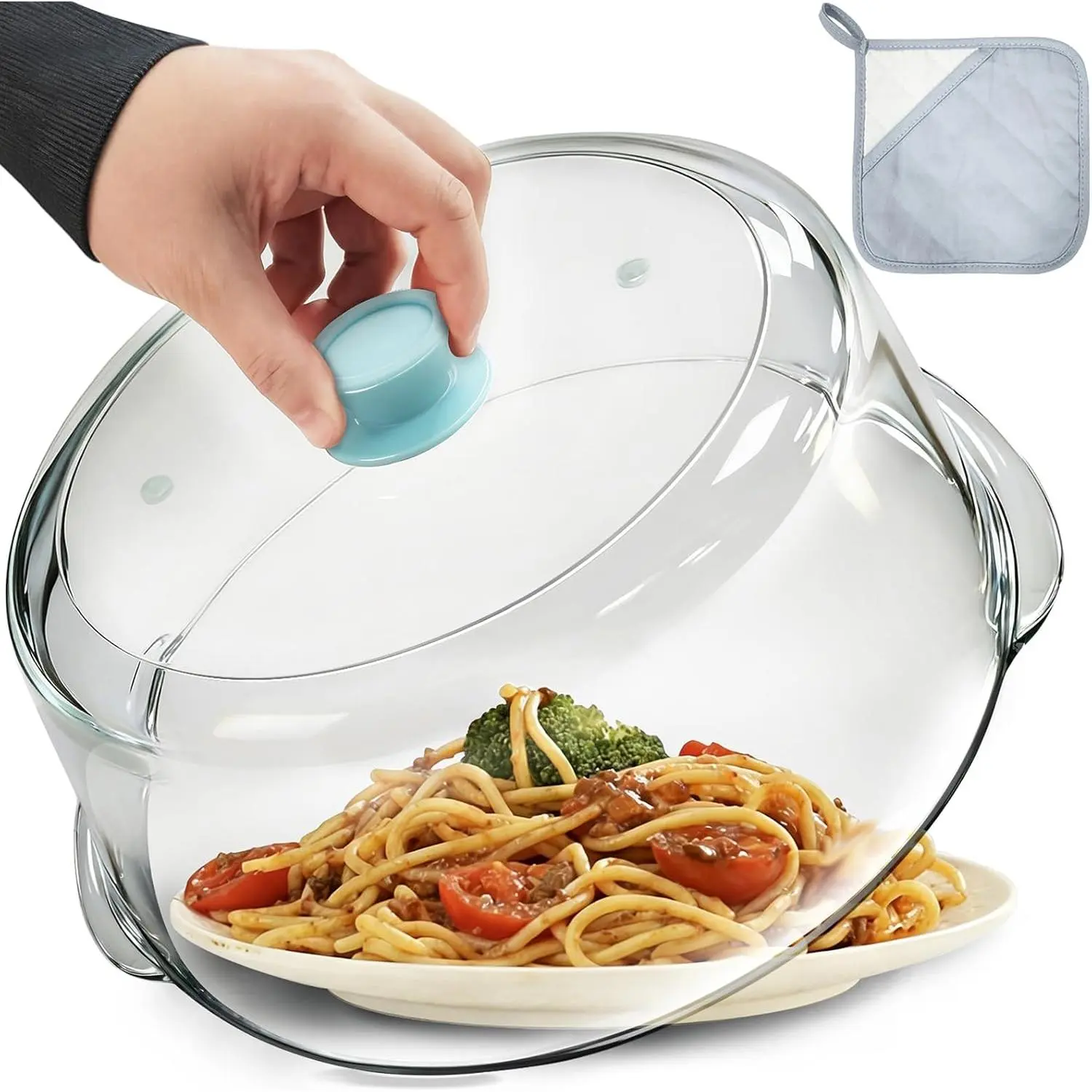 Suitable for Food High Glass Microwave Splash-Proof Cover with Ventilation Holes 100% Food Safe 10inch Plate Splash-Proof Protective Cover with Silicone Knob BPA-Free Cookware Tableware Cover Dishwasher Safe