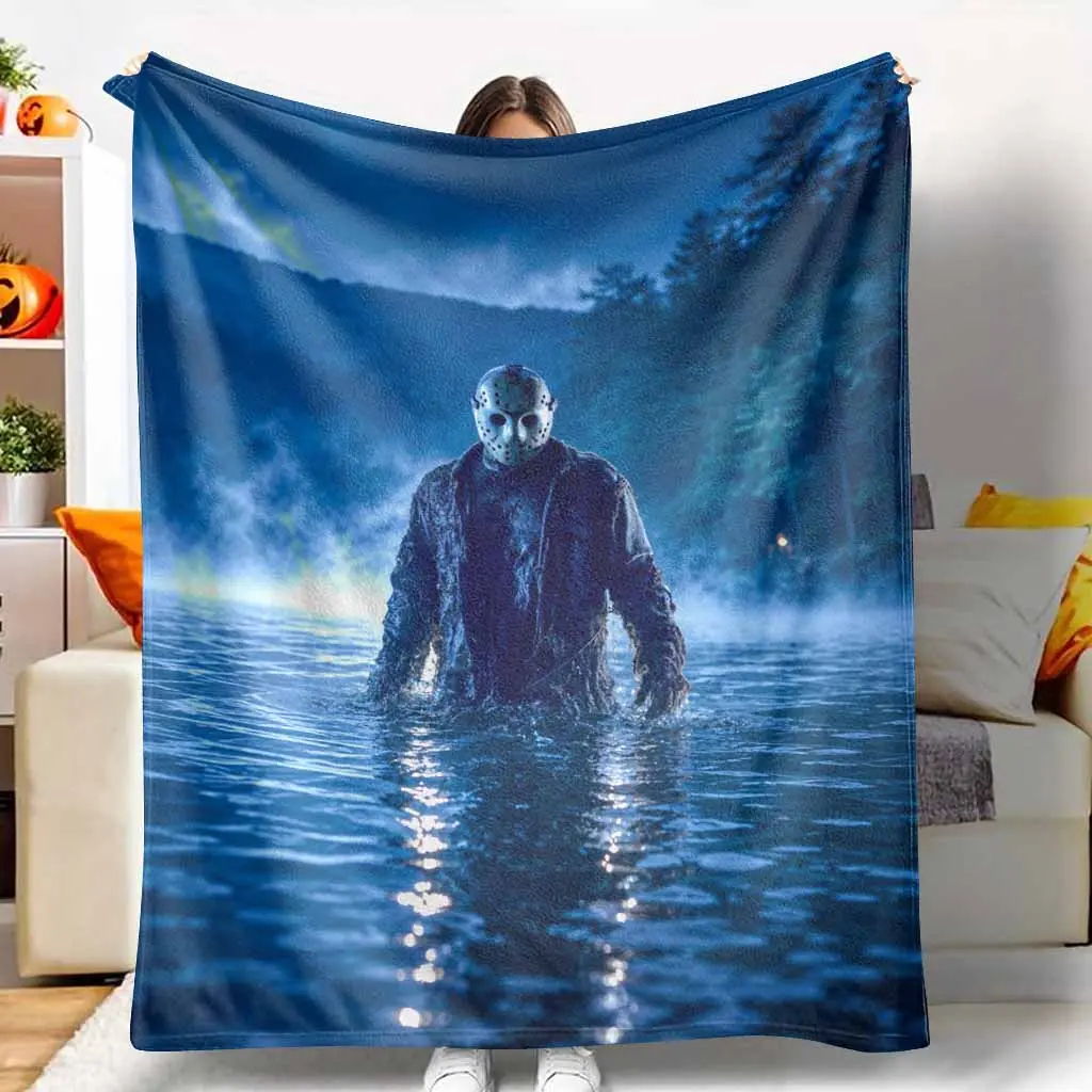 Blue Moonlit Masked Lake Flannel Blanket, Masked Silhouette Print, Flannel Fabric, Soft Plush Warm Lightweight, Cozy Look, Fading Resistance, All-Season for Home & Travel Indoor/Outdoor Sofa Bedroom Gift