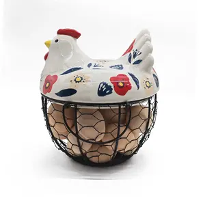 Farmhouse Ceramic Chicken Egg  Basket with Metal Wire & Lid, Multi-Functional Decorative Kitchen Storage Container for Eggs, Fruits, Multi-Grid Rotating Food Storage Organizer Bin & Meal Prep Container, Handwoven summervibes, easter baskets