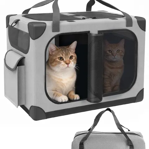 Extra Large Fabric Animal Carrier for 2 Large Cats - 24"x17"x17" Foldable Portable Travel Crate, Removable Divider, Easy Storage Tote, Adjustable Safety Straps, Sturdy Metal Zipper for Road Trips, Home Use