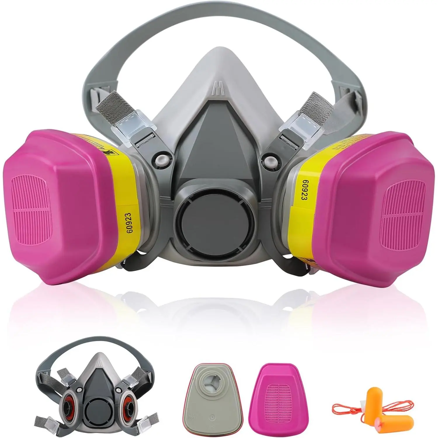 Reusable Filtered Half-Face Respirator 60923 Kit with Strap, Earplugs Included, Unisex Respiratory Protection for Spray Painting, Construction Dust, Organic Vapors