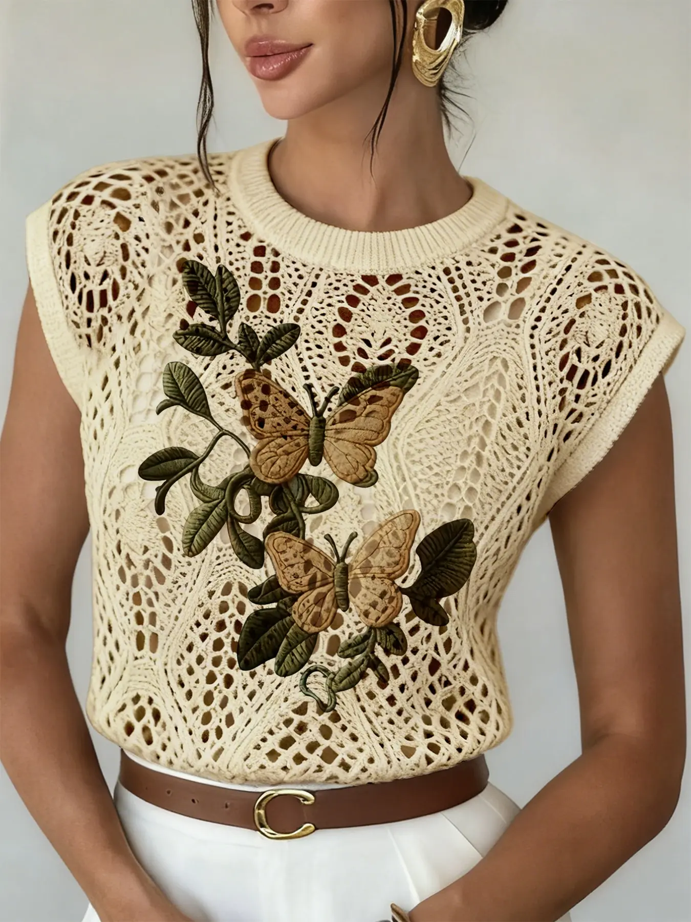 Spring Summer Elegant Women's Butterfly Print Round Neck Sweater, Casual Loose-Fitting Knit Top, Breathable Daily Wear, Knitwear