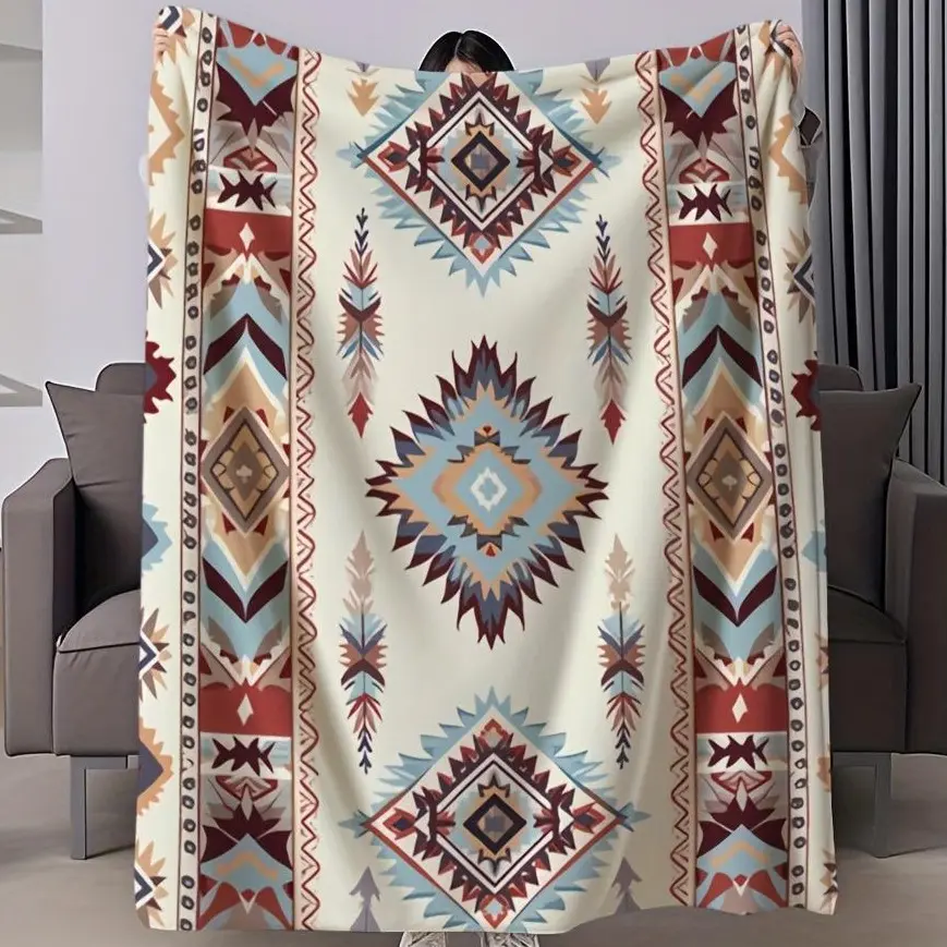1 Native American Style Geometric Pattern Flannel Blanket - Cozy and Soft, Vibrant Earth Tone Design, Warm and Pilling Resistant, Machine Washable, Plush Shawl, Bed Blanket, Sofa or Air Conditioning Blanket, Suitable for Napping, Camping, Travel