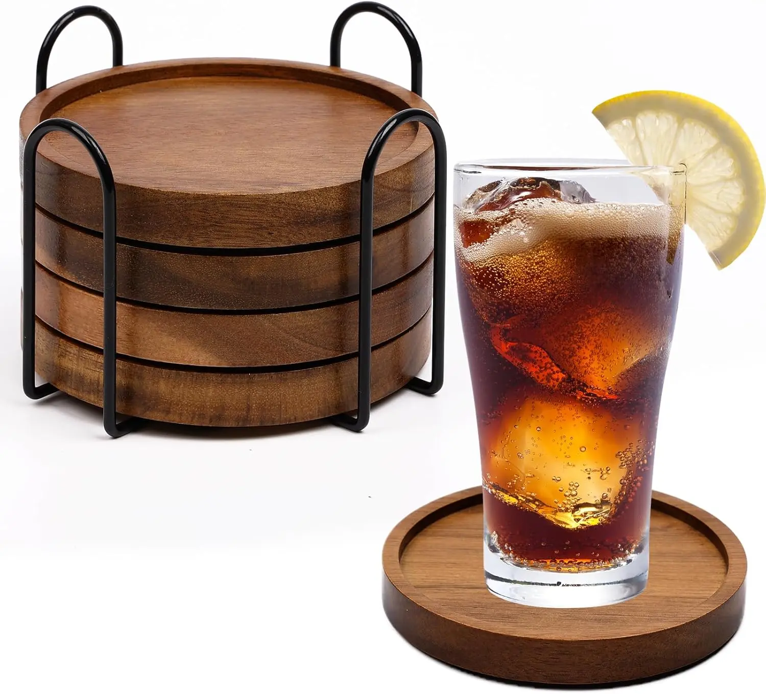 4 Pcs Wood Coasters for Drinks Absorbent, Wooden Coasters with Holder, Drink Coasters for Coffee Table, Absorbent Coaster Set for Table Protection Drink Coasters for Farmhouse, Office, Bar Tableware Metal Sturdy