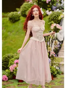 Pink Mist Fairy Corset Dress with Floral Lace Waist & Handcrafted Flower Bow Detail for Elegant Comfort