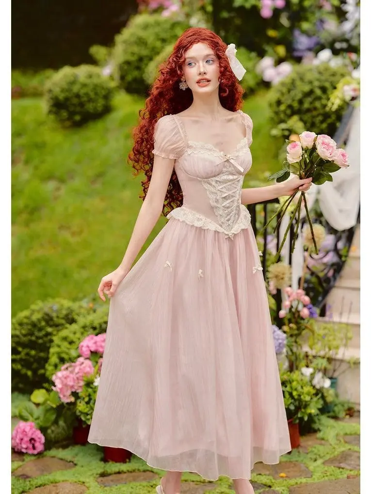 Pink Mist Fairy Corset Dress, Polyester Fabric, Floral Lace Waist, Handcrafted Flower Bow Detail for Feminine Elegance