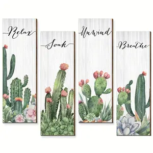 4-Piece Cactus Wall Decor Set, Relaxing Bath Art, Wooden Hanging Bathroom Wall Art, Rustic Style, Spa, Restroom, Home Decoration, 12x4 Inch