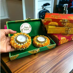 Exquisite Diwali Gift Hamper | Brocade Box with Tealight Holders | Celebrate Deepawali with Joyful Elegance | Perfect Holiday Gift