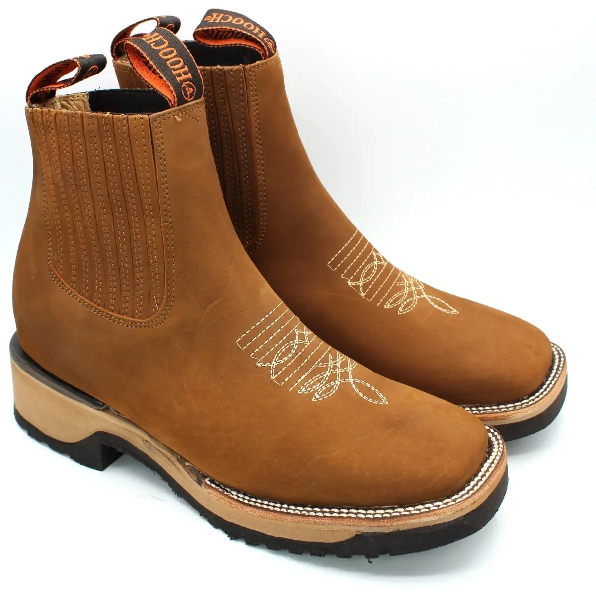 Botines de Piel Original Punta Amplia Cuadrada Color Cafe Tan - Hooch Boots