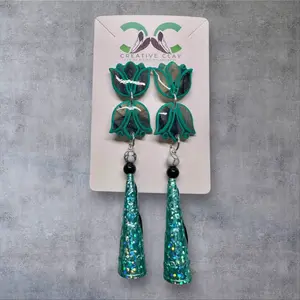 Black/Turquoise 2-Tier Mini Tulip (white/black) with Jingle Earrings | Handmade Polymer Clay | Sterling Silver Posts | Southwest-Inspired Statement Jewelry