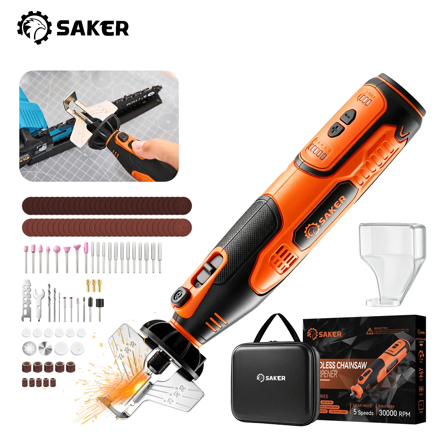 Saker Rotary Tool Kit with 12 File Bits & 126 Accessories, 5-Speed Cordless Rotary Tool for Precision Sharpening, Portable for Lawn and Garden Maintenance