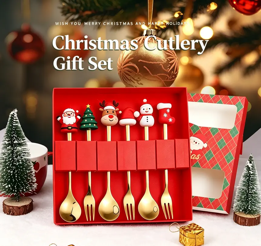 Christmas gift tableware, Christmas spoon and fork set 4/6 pieces, dessert spoon, fruit fork, Santa Claus and reindeer figurine spoons, New Year's gift