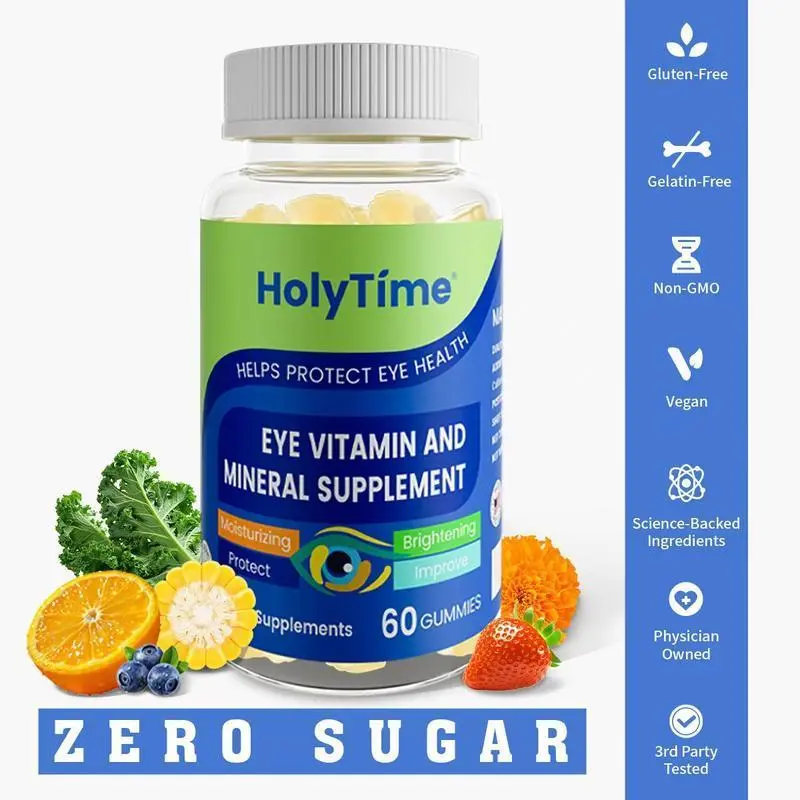 HolyTime Eye Vitamin Gummies - 60 Gluten-Free Vegan Gummies with Lutein Zinc Vitamin C/E & Zeaxanthin for Macular Health Dry Eyes Support Zero Sugar US Made Fitness Dietary