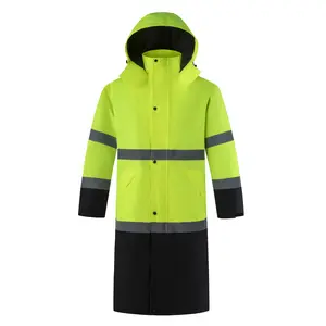 Men's Hi Vis Long Raincoat Waterproof Reflective Safety Rain Jacket High Visibility with Detachable Hood