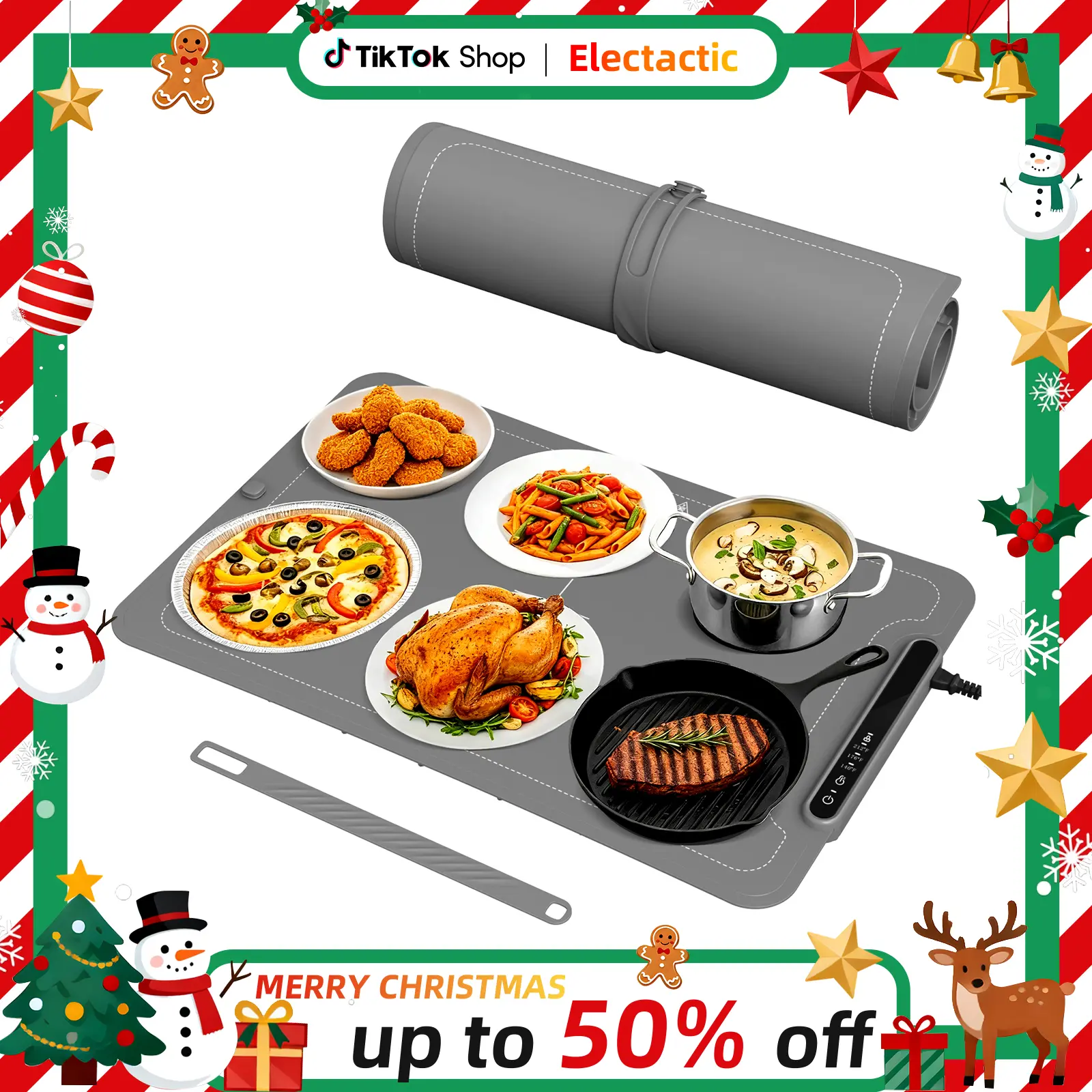 Electactic Warming Mat for Food, 3-Temp Electric Warmer (140/176/212°F), 250W Low Energy, Auto Shut-Off & Child Safety Lock, Portable Roll-Up Silicone Heating Pad for Home Daily Use, Buffets,Blue