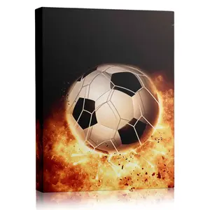 Fire Soccer Ball Canvas Wall Art Sports Poster, Fiery Football Print for Boys Bedroom Man Cave Gym Decor, Modern Sports Artwork for Football Fans Decoration Artistic