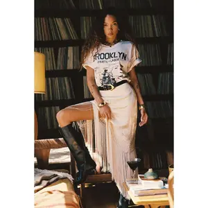 Frankie Cream Satin Jacquard Fringe Midi Skirt