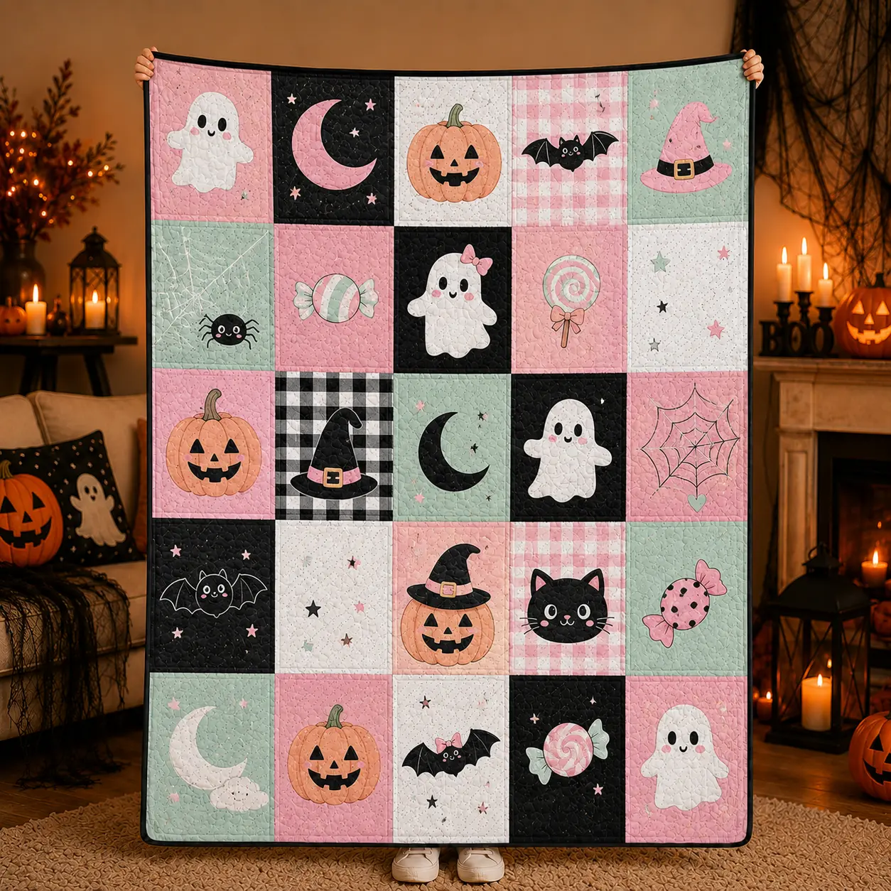 Pastel Halloween Patchwork Throw Blanket, Soft Flannel Pink Ghost Pumpkin Bat and Black Cat Print for Kids Bedroom and Spooky Lounge Decor, Cozy Lightweight Bed Throw for Movie Night, Halloween Gift for Girls, Teens and Cute Decor Fans